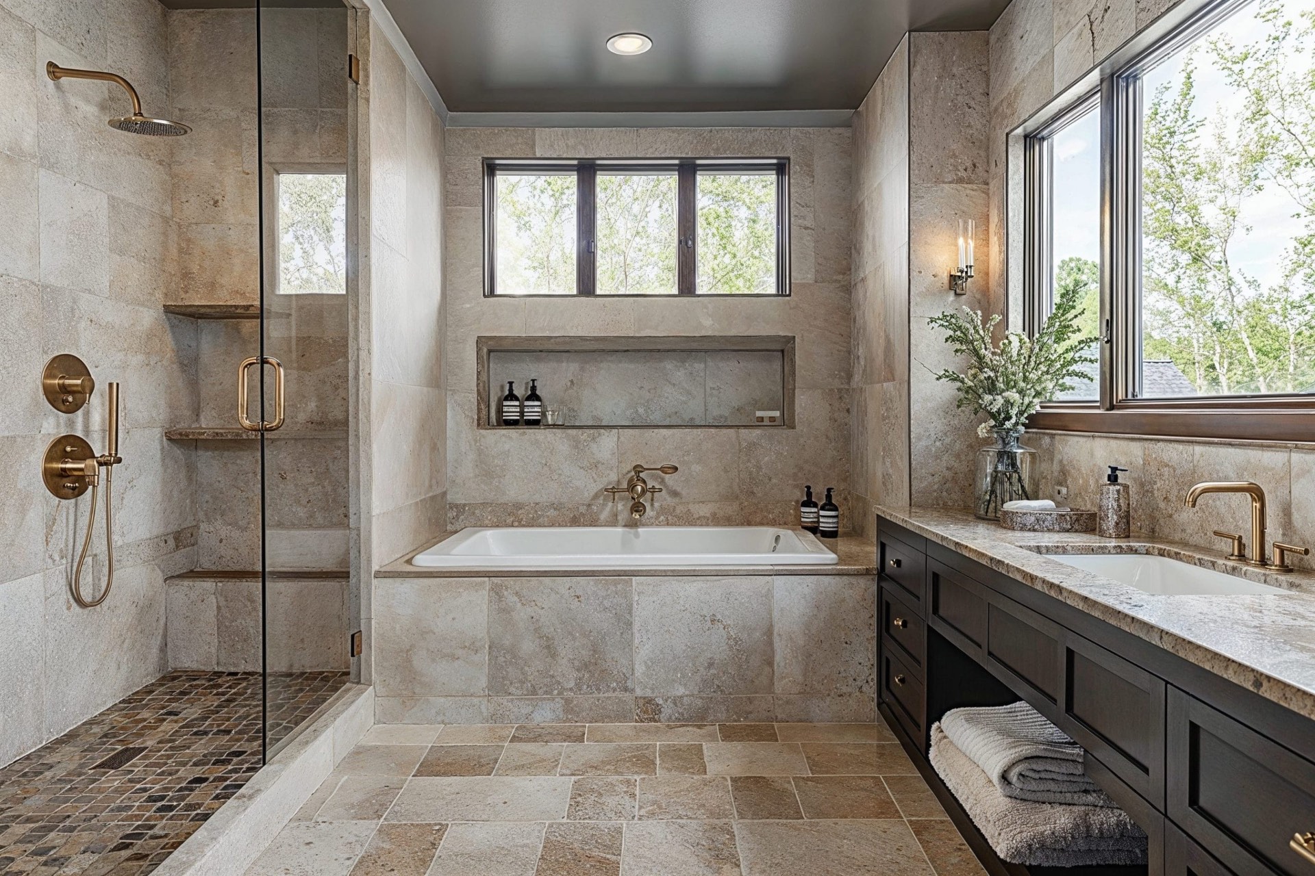 Stone-clad bathroom renovation with brass fixtures — Laniworks Construction North Vancouver